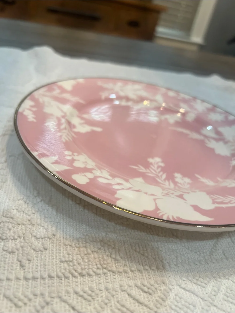 3 Pottery Barn Pink & White Floral Plates Gold Trim 8.75 Inch